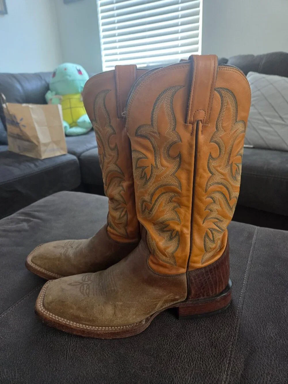 Vintage Justin Boots 7001 Men 6 Made in USA Two Tone Suede Square Toe Western
